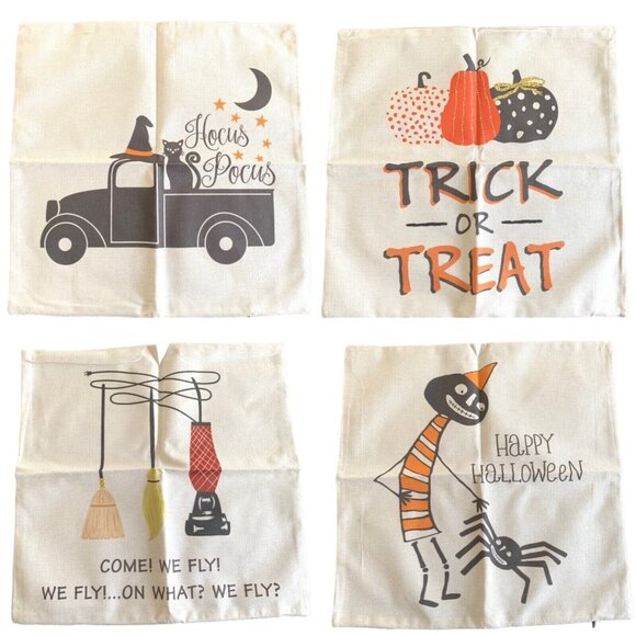 Halloween Pillow Covers Canvas 18 x 18 Festive Spooky Decor Set of 4 - Picture 1 of 7